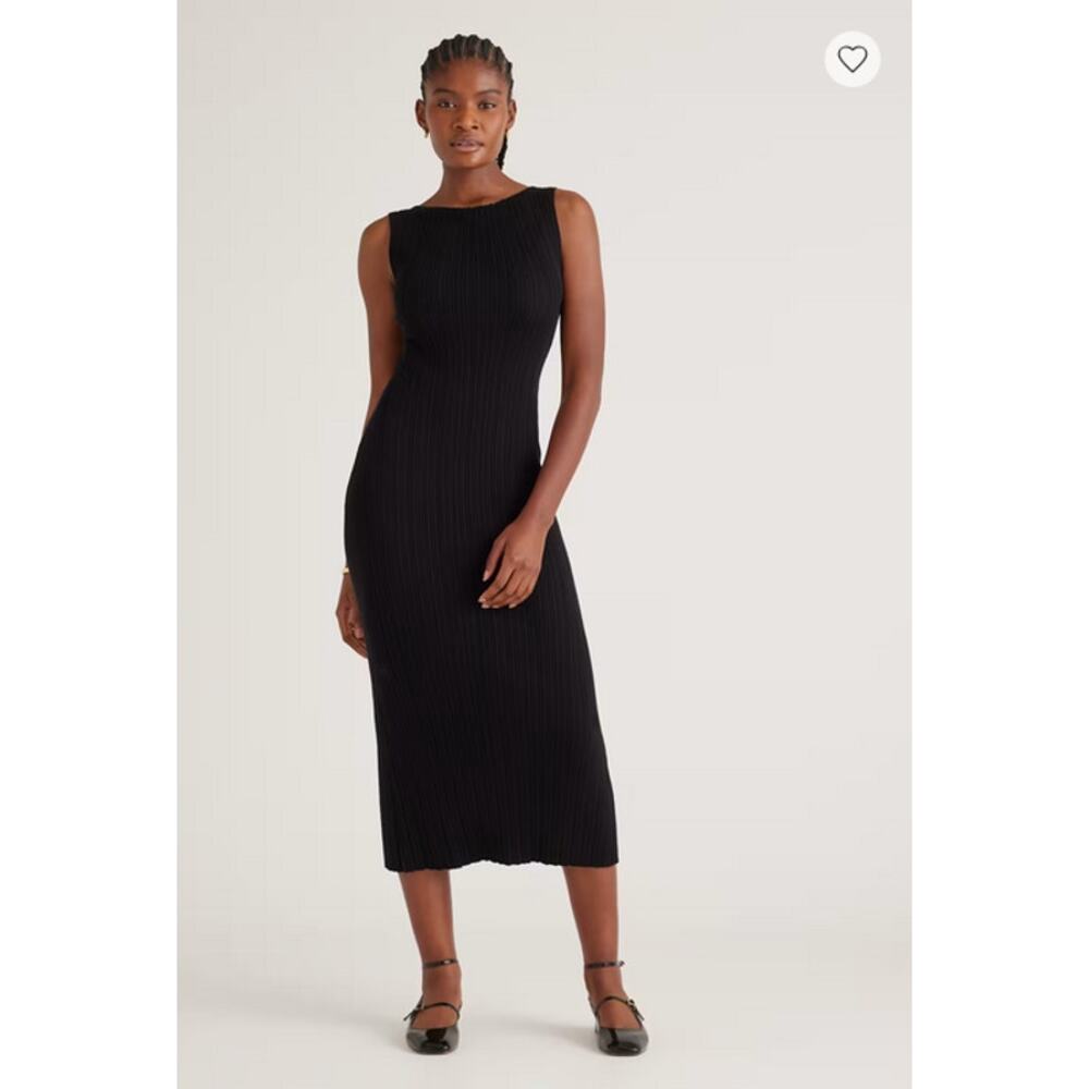 Quince Cotton Cashmere Ribbed Sleeveless Midi Dress Black Size M NWOT